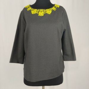 Boden 16 Gray Stretch Top Yellow Beaded Collar